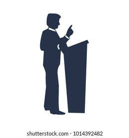 Speaker black icon. orator speaking from tribune vector illustration isolated on white