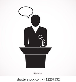 speaker black icon. orator speaking from tribune vector illustration