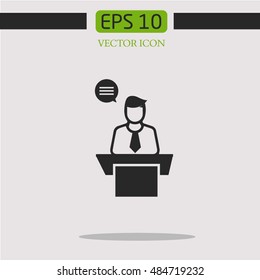 speaker black icon. orator speaking from tribune vector illustration