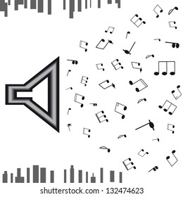 Speaker black silhouette with notes. A vector illustration isolated on white background