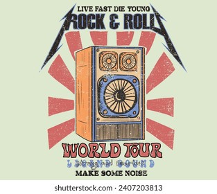 Speaker box artwork. Music world tour. Rock and roll vector graphic print design for apparel, stickers, posters, background and others.