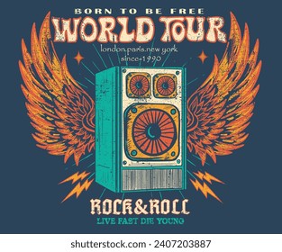 Speaker box artwork. Music world tour. Rock and roll vector graphic print design for apparel, stickers, posters, background and others. Eagle wing. Born to be free.