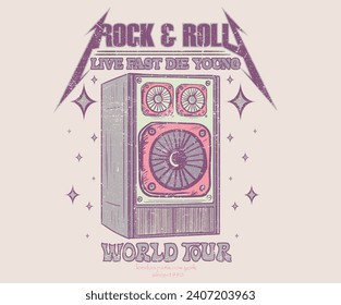 Speaker box artwork. Music world tour. Rock and roll vector graphic print design for apparel, stickers, posters, background and others.  Born to be free. Guitar music poster.