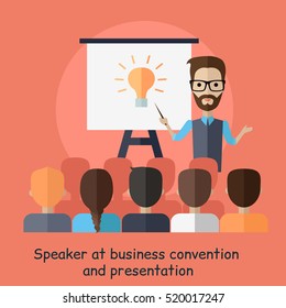 Speaker at business convention and presentation. Motivational management. Man talks about new direction in company strategy. Part of series of developing successful leadership in team working. Vector