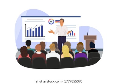 Speaker at business meeting in the conference hall. Vector Illustration concept. 