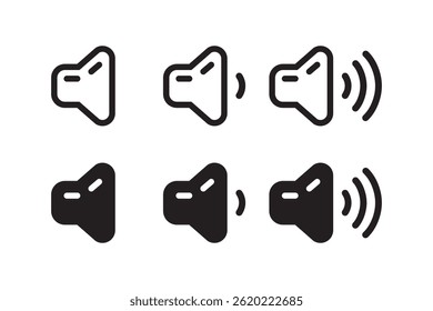 Speaker button icon with various sound level variations in pixel art style