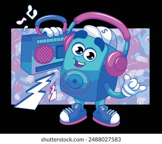 speaker cartoon character activities listening music funny illustration kids children apparel clothing t-shirt graphic vector artwork