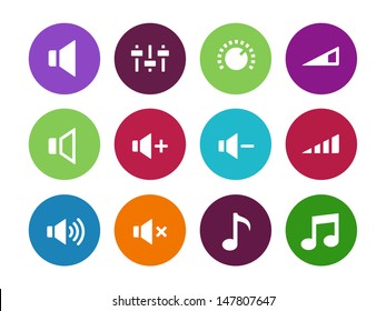 Speaker circle icons on white background. Volume control. Vector illustration.
