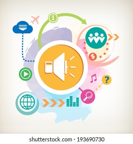 Speaker and and cloud on abstract colorful watercolor background with different icon and elements. 