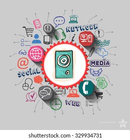 Speaker and collage with web icons background. Vector illustration