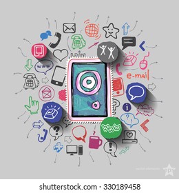Speaker and collage with web icons background. Vector illustration