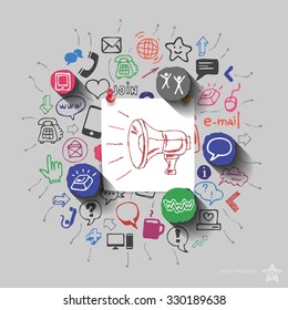 Speaker and collage with web icons background. Vector illustration