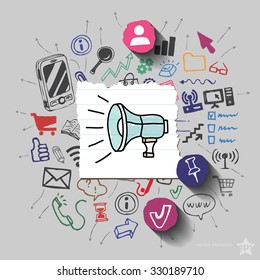 Speaker and collage with web icons background. Vector illustration