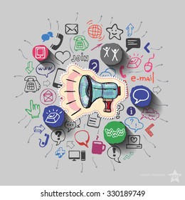 Speaker and collage with web icons background. Vector illustration
