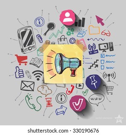 Speaker and collage with web icons background. Vector illustration