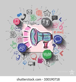 Speaker and collage with web icons background. Vector illustration