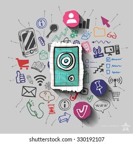 Speaker and collage with web icons background. Vector illustration