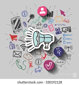 Speaker and collage with web icons background. Vector illustration