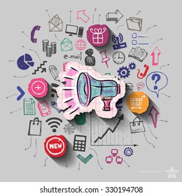 Speaker and collage with web icons background. Vector illustration