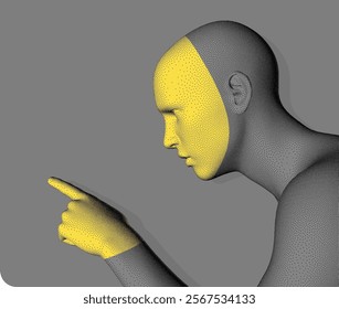 Speaker. The concept of debate, election, discovery, exploration and learning. Stipple-style digital face with colour mask effect. 3D illustration for brochure, cover, card, presentation, flyer, etc.