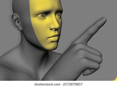 Speaker. The concept of debate, election, discovery, exploration and learning. Stipple-style digital face with colour mask effect. 3D illustration for brochure, cover, card, presentation, flyer, etc.