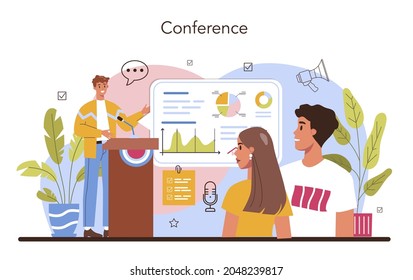 Speaker concept. Rhetoric or elocution specialist speaking to a microphone. Business seminar or conference speaker. Broadcasting or public address. Flat vector illustration