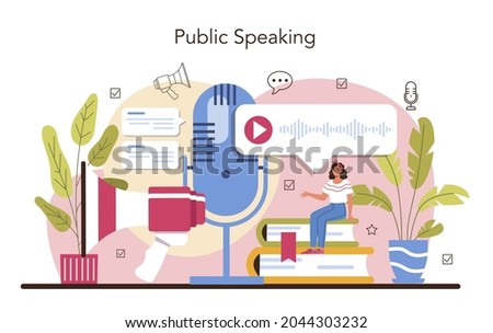 Speaker concept. Rhetoric or elocution specialist speaking to a microphone. Business seminar or conference speaker. Broadcasting or public address. Flat vector illustration