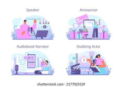 Speaker Concept Set. Voice Actor Dubbing A Movie, Audio Book Or Radio Announcer. Character Talking Through The Microphone At The Studio. Flat Vector Illustration