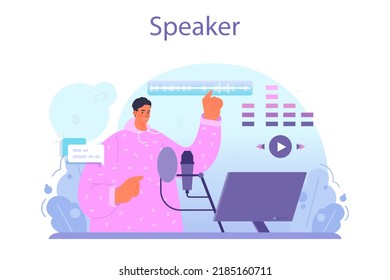 Speaker concept set. Voice actor dubbing a movie, audio book or radio announcer. Character talking through the microphone at the studio. Flat vector illustration