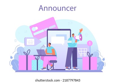 Speaker concept set. Voice actor dubbing a movie, audio book or radio announcer. Character talking through the microphone at the studio. Flat vector illustration