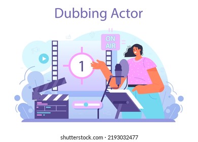 Speaker Concept Set. Voice Actor Dubbing A Movie, Audio Book Or Radio Announcer. Character Talking Through The Microphone At The Studio. Flat Vector Illustration