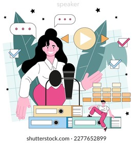 Speaker concept. Voice actor dubbing a movie, audio book or radio announcer. Character talking through the microphone at the studio. Flat vector illustration