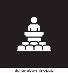 Speaker, conference icon vector, filled flat sign, solid white pictogram isolated on black. Podium symbol, logo illustration