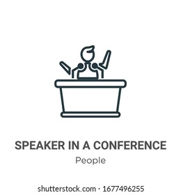 Speaker in a conference outline vector icon. Thin line black speaker in a conference icon, flat vector simple element illustration from editable people concept isolated stroke on white background