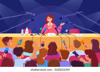 Speaker at conference table. Speaking politician with microphone, reportage crowd journalists, press interview official public speech in auditorium, vector illustration of conference table and meeting