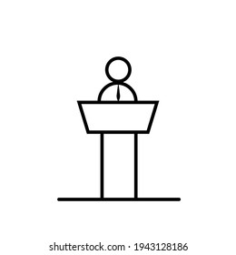 Speaker or conference thin line icon in black. Person behind the pulpit on presentation. Business coach behind the podium sign. Flat isolated symbol, for: logo, mobile, app, web, ui, ux. Vector EPS 10