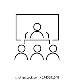 Speaker or conference thin line icon in black. Person behind the pulpit on presentation. Business coach behind the podium sign. Man on the background of a screen or blackboard. Ui, ux. Vector EPS 10