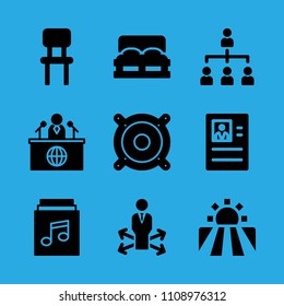 speaker, decision making, organization, news reporter, chair, field, music album, double bed and resume vector icon. Simple icons set