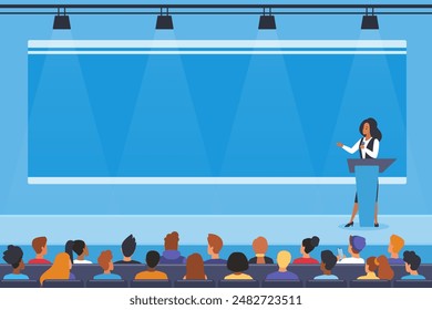 A speaker delivering a presentation at a conference, standing at a podium with an audience seated in front, highlighting professional communication and public speaking vector illustration.