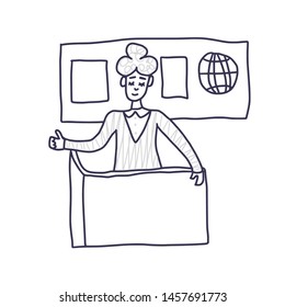 Speaker doing presentation. Global problems conference. Vector illustration.