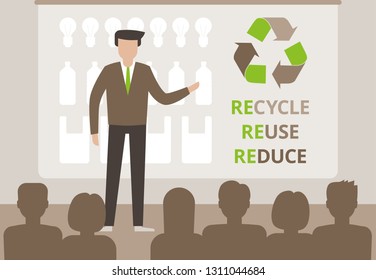 Speaker doing presentation on ecological conference. Waste problem creative concept. Reduce Reuse Recycle. Vector illustration flat style.