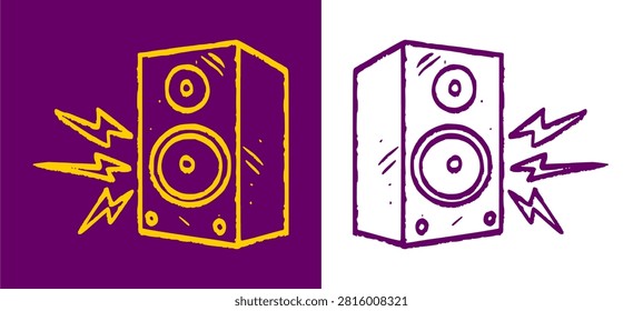 Speaker doodle illustration features a hand drawn audio sound box element. Dynamic party bass loudspeaker graphic for modern music festival poster t-shirt print layout clip art.
