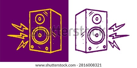 Speaker doodle illustration features a hand drawn audio sound box element. Dynamic party bass loudspeaker graphic for modern music festival poster t-shirt print layout clip art.