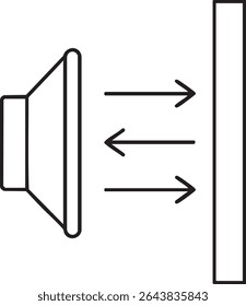 Um alto-falante emite ondas sonoras, representadas por setas, que refletem fora de uma parede, ilustrando insonorização ou reflexão acústica.