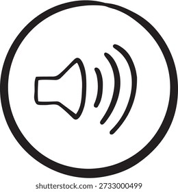 speaker emitting sound waves within a circle. Hand drawn line art style for audio controls, volume settings, noise, multimedia apps, notifications or sound-related interfaces. Minimalist outline icon