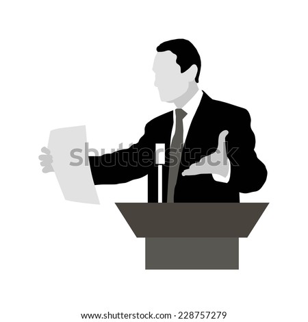 Speaker with expressive gestures, holding a sheet of paper for presentation. Rhetoric. Oratory, lecturer, business seminar. Vector. Icon. Orator stands behind a podium with microphones. 