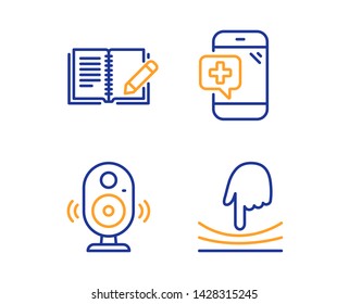Speaker, Feedback and Medical phone icons simple set. Elastic sign. Music sound, Book with pencil, Mobile medicine. Resilience. Science set. Linear speaker icon. Colorful design set. Vector