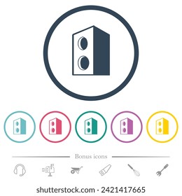 Speaker flat color icons in round outlines. 6 bonus icons included.
