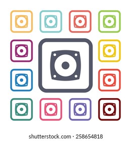 speaker flat icons set. Open colorful buttons 