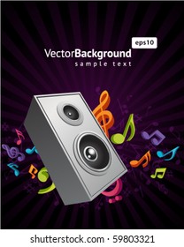 Speaker with fly 3d music notes vector background